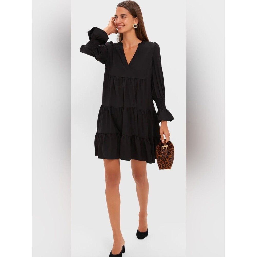 Pomander Place Tuckernuck Black Tiered Mini Dress Smocked Sleeve V-Neck Small